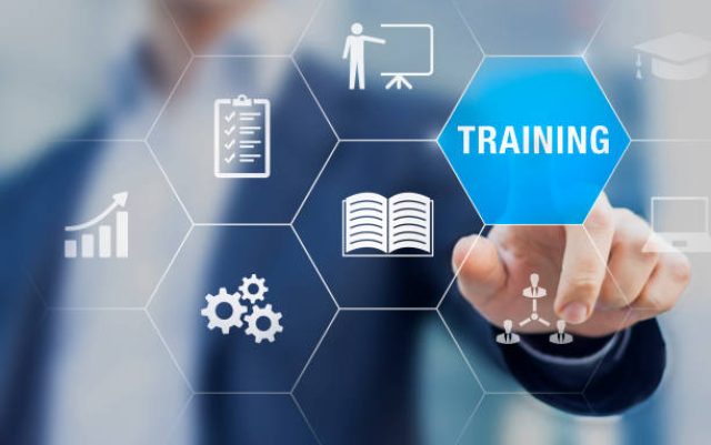 Training and skill development concept with icons of online course, conference, seminar, webinar, e-learning, coaching. Grow knowledge and abilities.